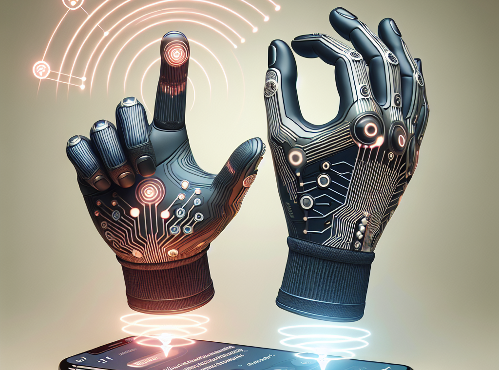 "EmotiGloves showcasing a user demonstrating gesture recognition technology to send instant digital messages, illustrating a seamless blend of fashion and innovation in communication."