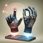 "EmotiGloves showcasing a user demonstrating gesture recognition technology to send instant digital messages, illustrating a seamless blend of fashion and innovation in communication."