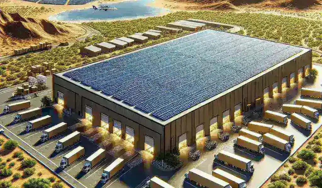 "Amazon solar-powered fulfillment center in California showcasing renewable energy technology and sustainable logistics practices"