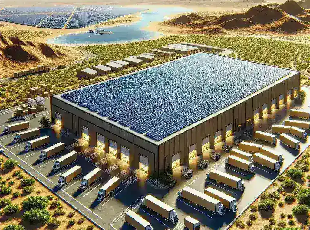 "Amazon solar-powered fulfillment center in California showcasing renewable energy technology and sustainable logistics practices"