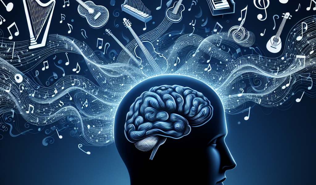 "Person using brainwave audio technology to compose music, showcasing a relaxed environment with headphones, a laptop, and sound waves visualization, illustrating the concept of creating music through brainwaves for beginners."