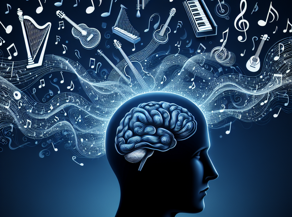 "Person using brainwave audio technology to compose music, showcasing a relaxed environment with headphones, a laptop, and sound waves visualization, illustrating the concept of creating music through brainwaves for beginners."