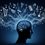 "Person using brainwave audio technology to compose music, showcasing a relaxed environment with headphones, a laptop, and sound waves visualization, illustrating the concept of creating music through brainwaves for beginners."