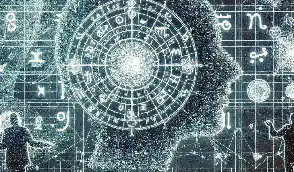 "Astrology media outlet utilizing AI technology to analyze planetary cycles and their impact on politics, featuring astrological charts and AI interface."