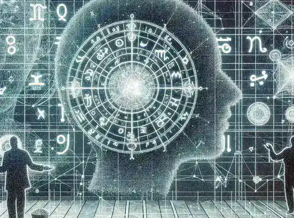 "Astrology media outlet utilizing AI technology to analyze planetary cycles and their impact on politics, featuring astrological charts and AI interface."