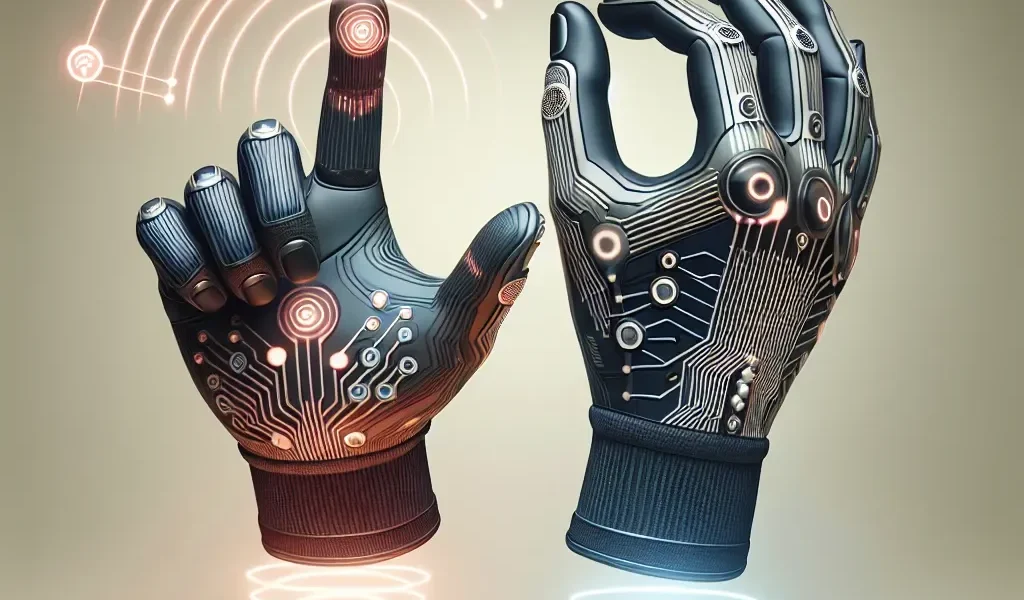 "EmotiGloves showcasing a user demonstrating gesture recognition technology to send instant digital messages, illustrating a seamless blend of fashion and innovation in communication."