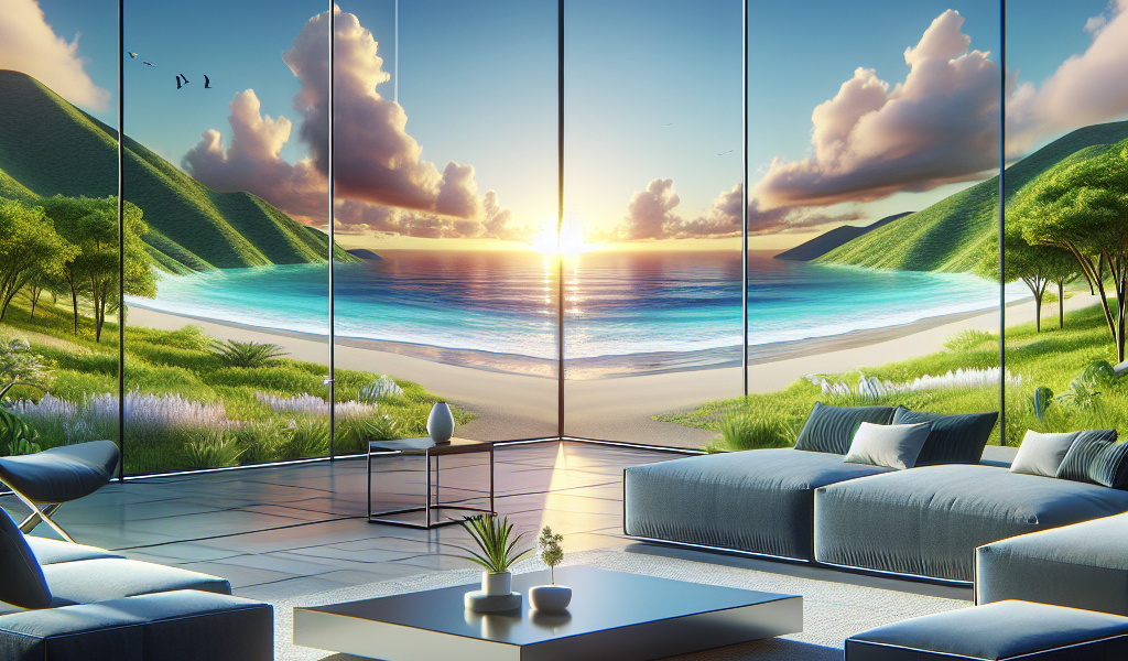 "Stunning living room featuring holographic windows displaying vibrant virtual landscapes, showcasing innovative home decor with digital panoramic views."