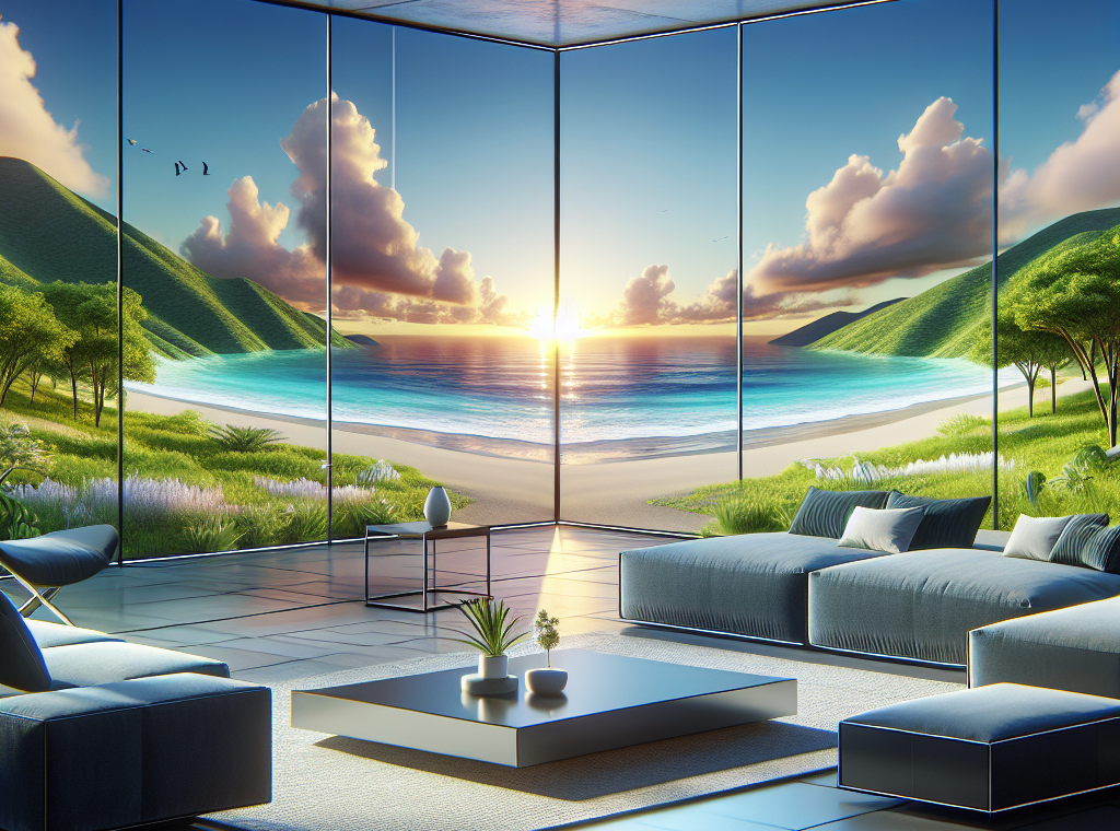 "Stunning living room featuring holographic windows displaying vibrant virtual landscapes, showcasing innovative home decor with digital panoramic views."