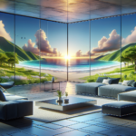 "Stunning living room featuring holographic windows displaying vibrant virtual landscapes, showcasing innovative home decor with digital panoramic views."