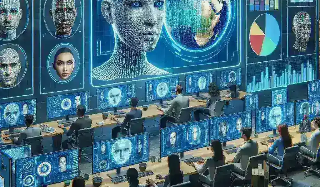 "Illustration of advanced deepfake detection technology being integrated into content platforms, showcasing a digital screen with real-time analysis of video authenticity."