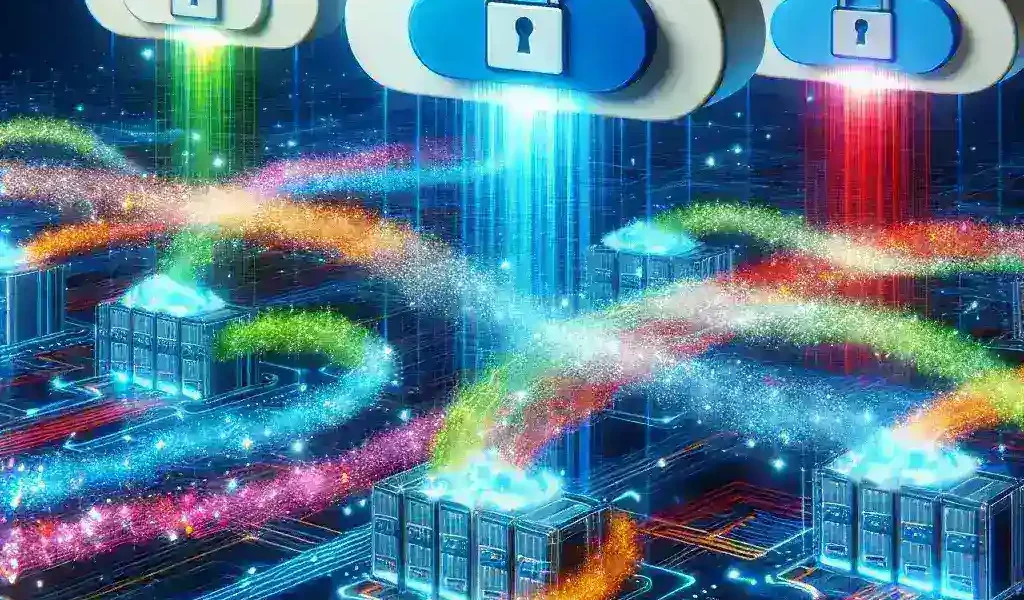 "Illustration of cloud-locked secret sharing engines highlighting secure data distribution technology for enhanced digital security in the future."