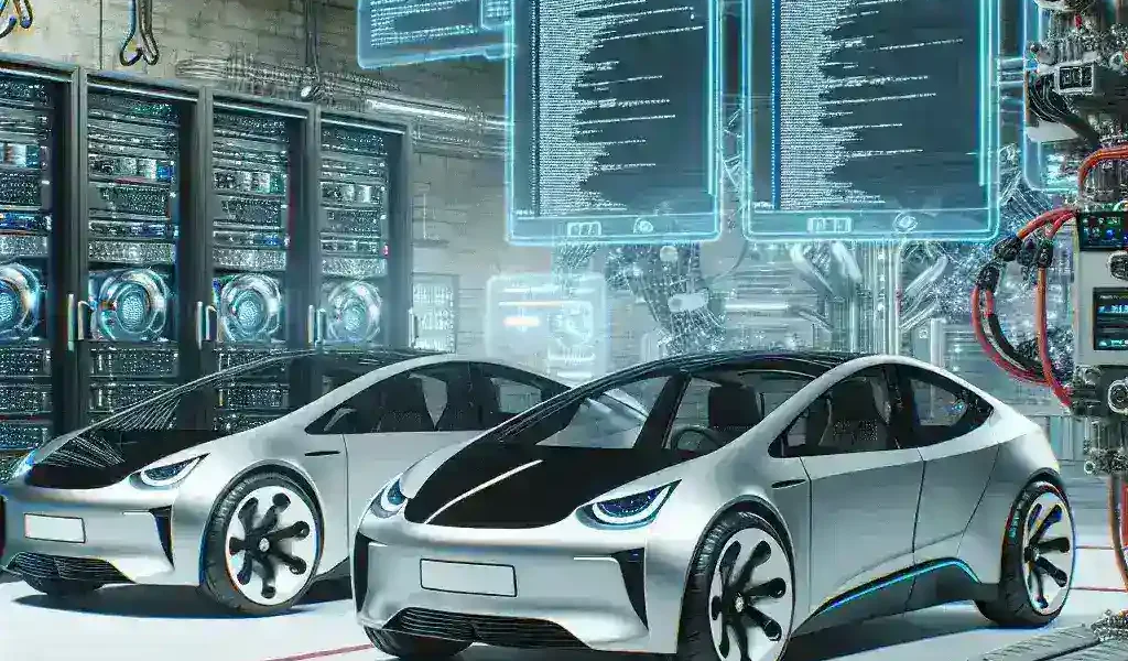 "Ford and Rivian executives collaborating on electric vehicle software updates, showcasing partnership for standardized EV technology solutions."