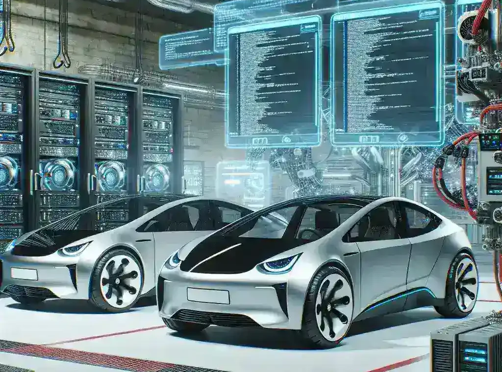 "Ford and Rivian executives collaborating on electric vehicle software updates, showcasing partnership for standardized EV technology solutions."