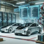 "Ford and Rivian executives collaborating on electric vehicle software updates, showcasing partnership for standardized EV technology solutions."