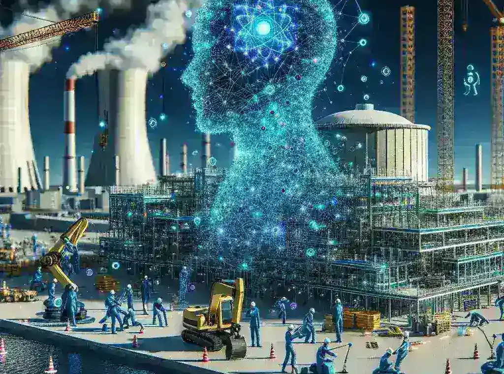 "Palantir team collaborating with engineers on nuclear construction project, showcasing AI technology for enhanced safety and efficiency in construction processes."