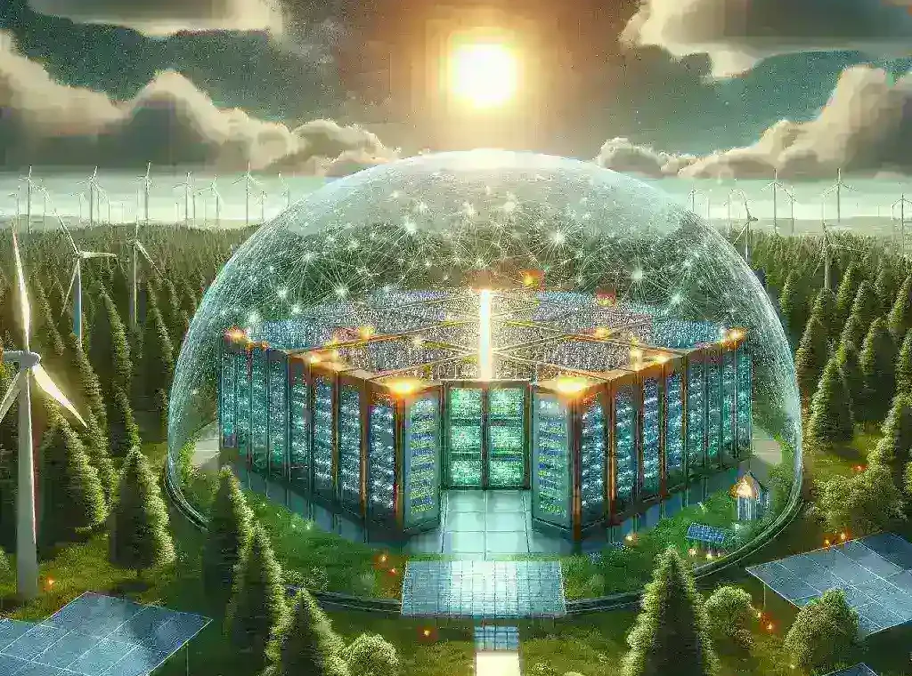 "Meta data center powered by renewable energy sources, showcasing solar panels and wind turbines in a sustainable energy environment."