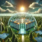 "Meta data center powered by renewable energy sources, showcasing solar panels and wind turbines in a sustainable energy environment."