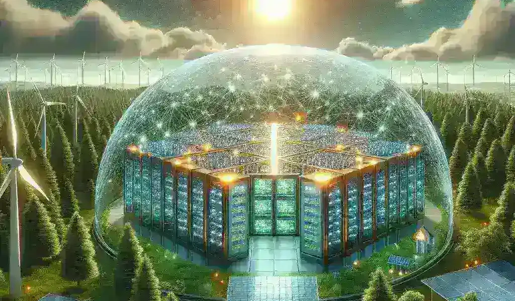 "Meta data center powered by renewable energy sources, showcasing solar panels and wind turbines in a sustainable energy environment."