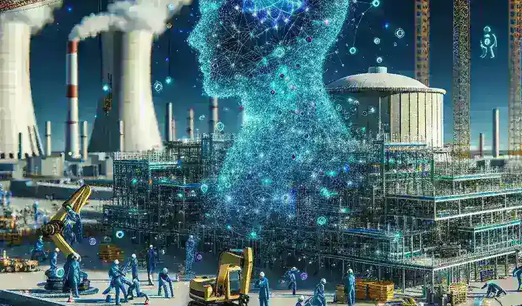 "Palantir team collaborating with engineers on nuclear construction project, showcasing AI technology for enhanced safety and efficiency in construction processes."