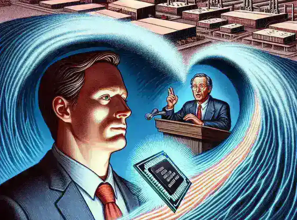 Alt text: "Former President Trump delivering a speech, criticizing Intel CEO over semiconductor policy, illustrating the impact on U.S. semiconductor leadership."